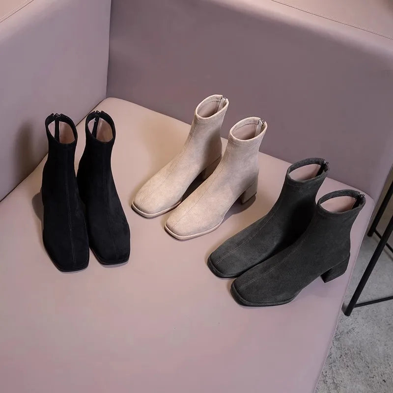 Ankle Boots for Women Spring Autumn Gray Black Women's Shoes Chunky Middle Heel Suede Short Botas Square Toe Back Zip Botines