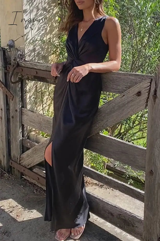 Ingvn- Sexy Formal Solid Fold V Neck Evening Dress Dresses