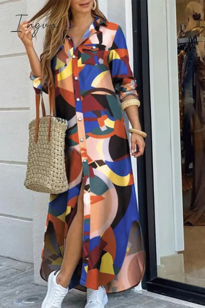 Ingvn - Casual Print Patchwork Turndown Collar Shirt Dress Dresses