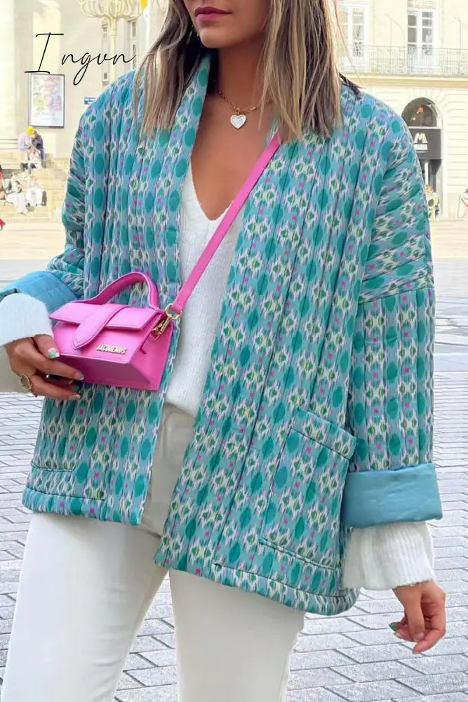 Ingvn - Elegant Geometric Patchwork Pocket Cardigan Collar Outerwear