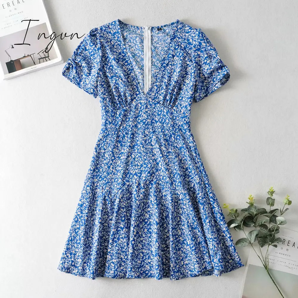 Ingvn - Fashion Foridol Blue Floral Print Summer Beach Dress Women Casual Holiday Short Sleeve Dress Boho Sundress Vestidos Fashion Clothes