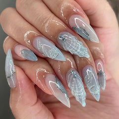 24pcs 3D Droplet Shell Press on Nails Light Blue Sea Almond Shaped Fake Nail Patches Fashion y2k Art Style False Nail Wearable