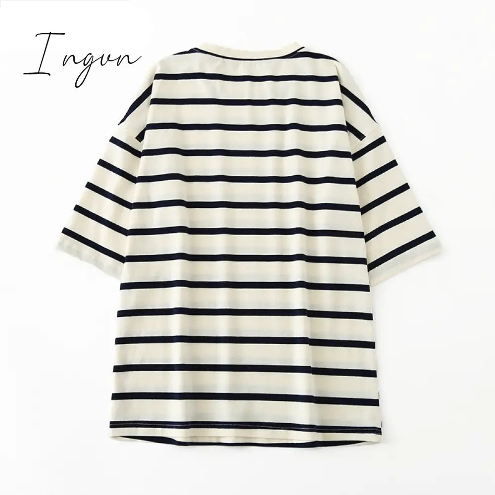 Ingvn - Women Striped Cotton T Shirt Short Sleeve O Neck Tees Ladies Casual Tee Shirt Street Wear Top 6L42
