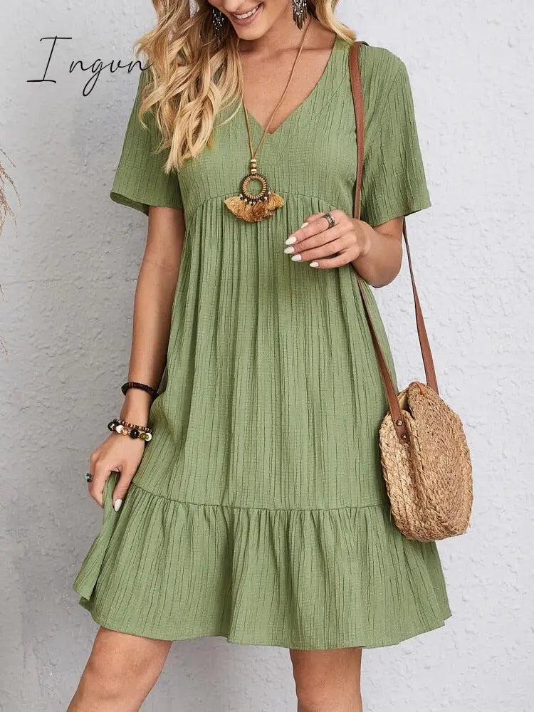 Ingvn - Spring summer v-neck floral short-sleeved dress