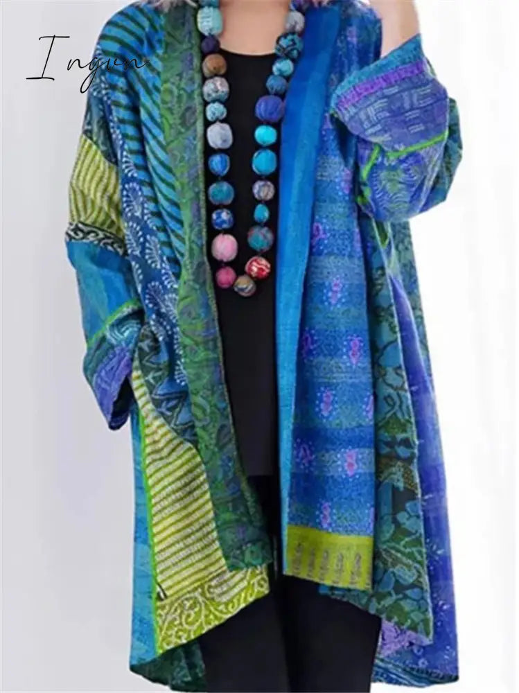 Ingvn - Ethnic Style Striped Printed Cotton Linen Midi Length Coat