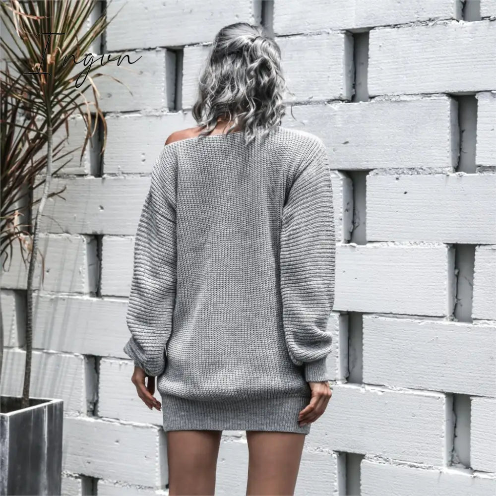 Ingvn - The hottest ladies casual off-shoulder lantern sleeve knitted sweater dress