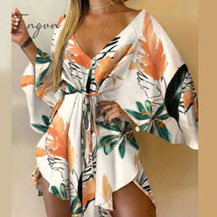 Ingvn - Summer Outfits Casual Leaf Leopard Print Harajuku Batwing Sleeve Dress Lady Elegant Lace-Up Irregular Party Dress Sexy V-Neck Women Mini Dress