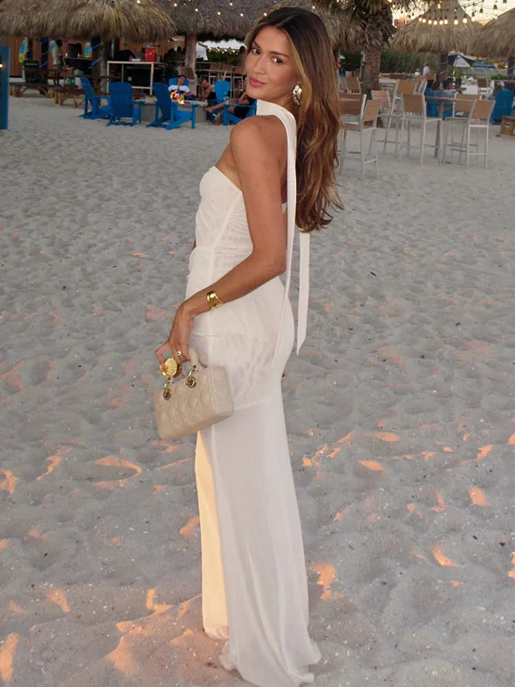 Hollow Out Backless Sexy Maxi Dress Women Gown Summer Halter Off-shoulder Backless Club Party Long Dress Elegant
