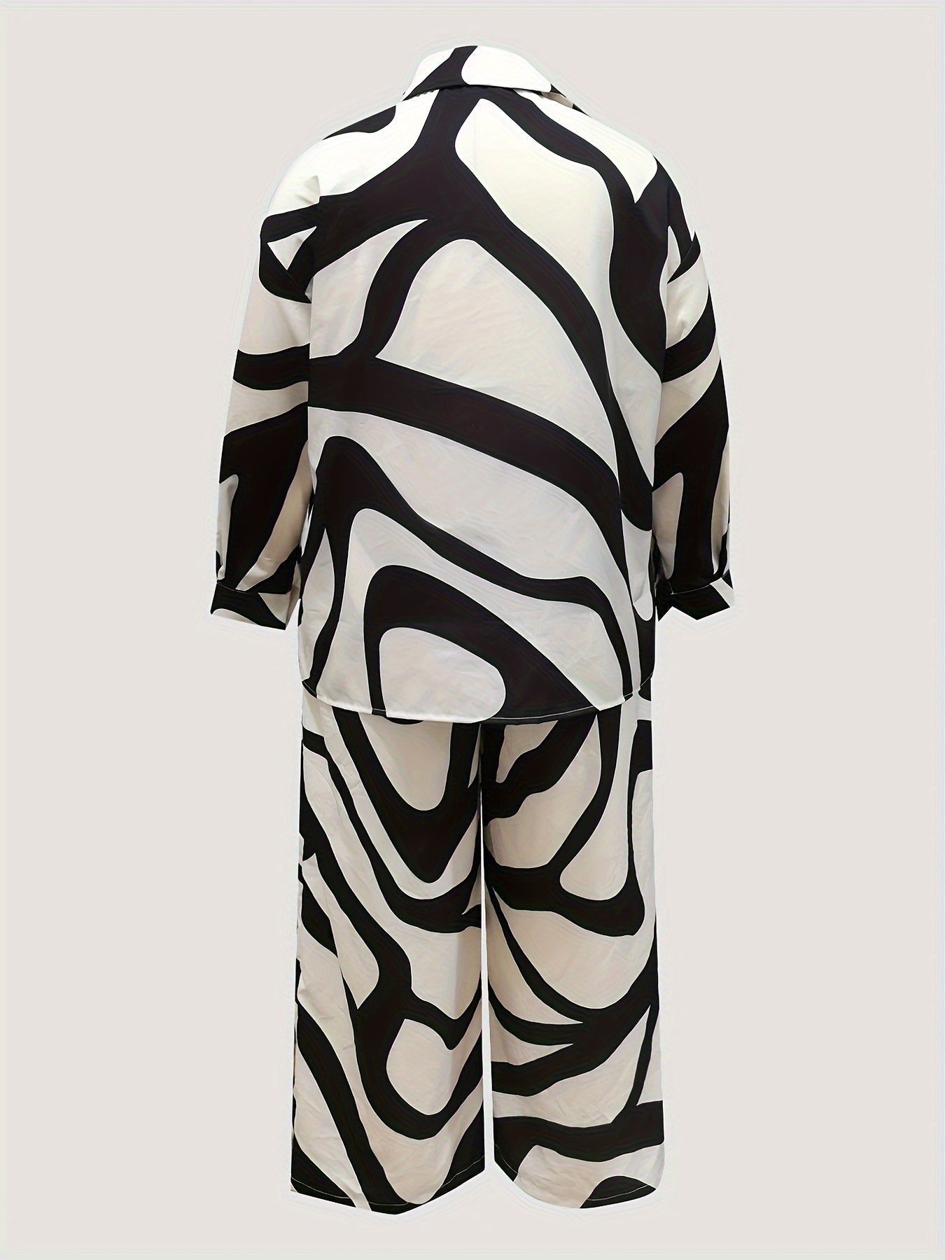 Long Sleeve Plus Size Two-piece Set, Geometric Print Buttons Shirts & Wide Leg Pants Outfits, Women's Clothing