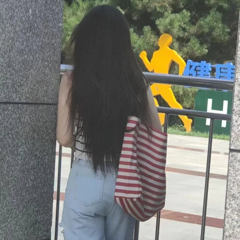 Ingvn  Korean Striped Double-sided Canvas Bag Summer New Niche Design Large Capacity Student Tote Bags