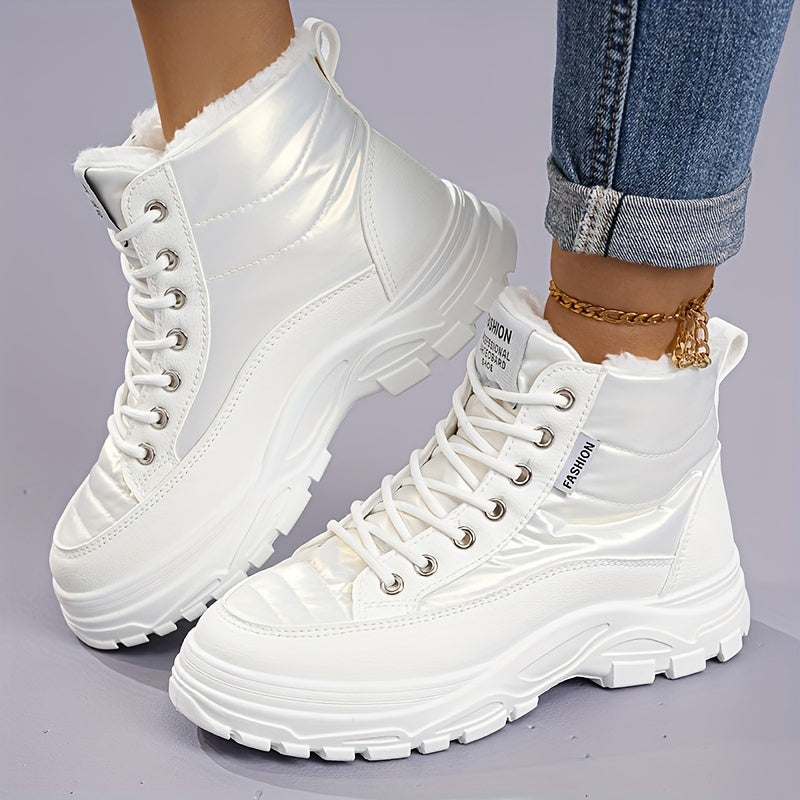 Women'S Winter Thickened Snow Boots High Top Platform Ankle Boots with Warm Fleece Lining, Solid Color, Round Toe, Low Heel, Fabric Insole, Polyurethane PU, Rubber Sole, Hand Washable