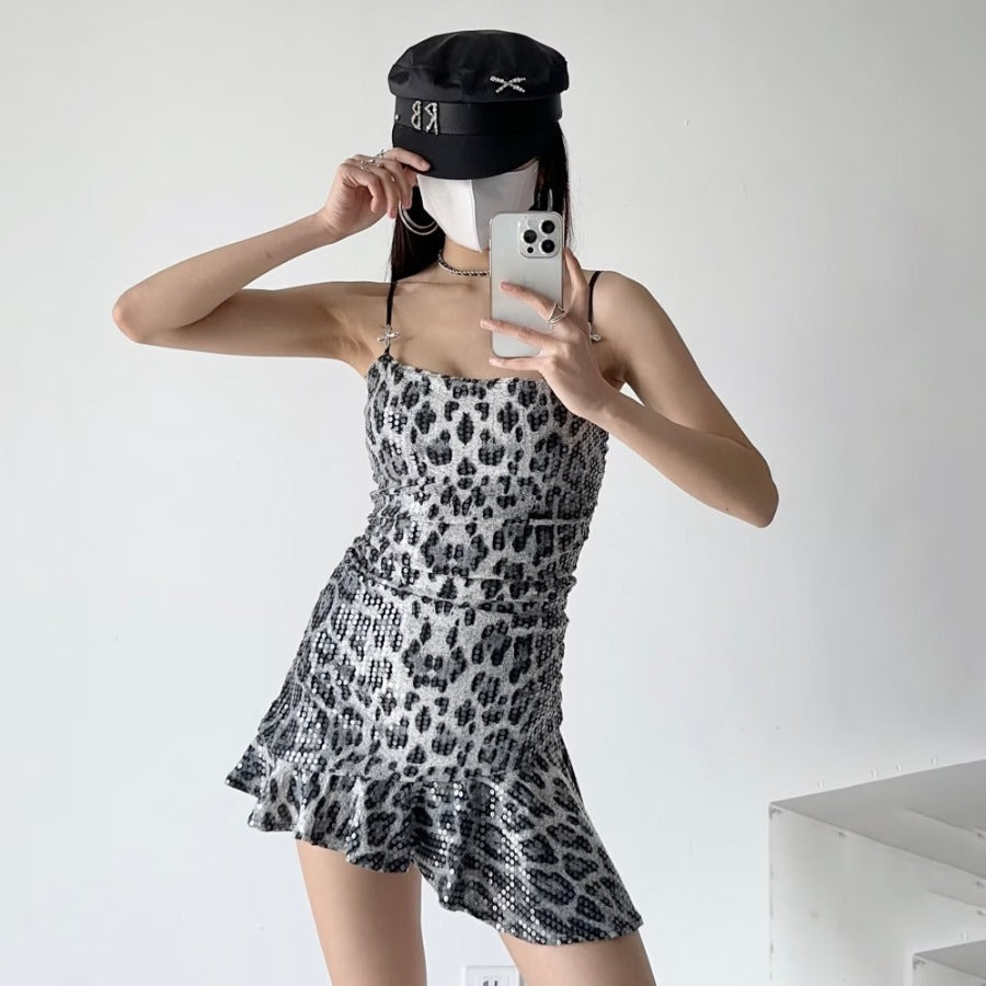 Pphmm outfit inspo Summer New Leopard Print Hot Girl Sexy Sequined Hip Irregular Hem Sling Dress