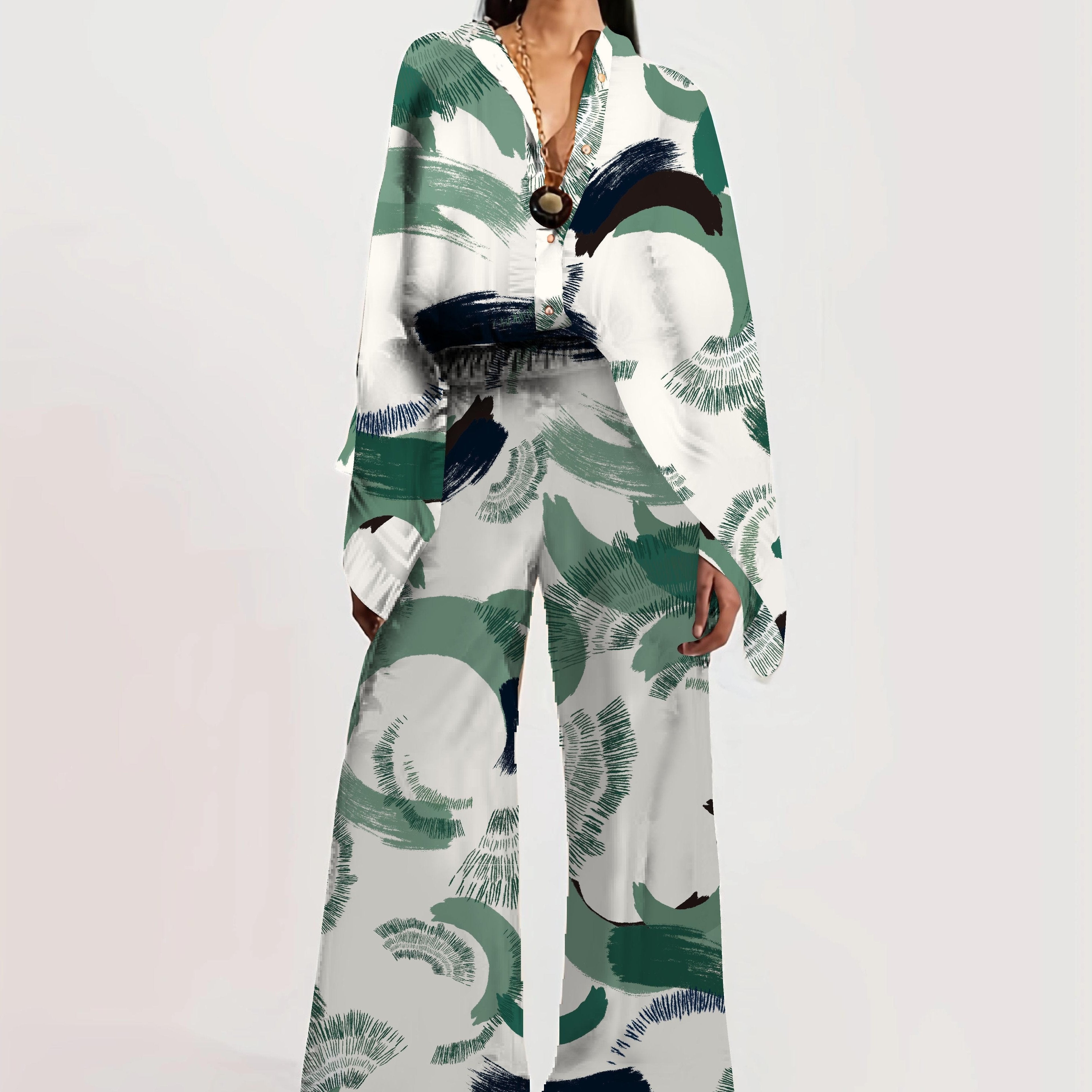 Two-piece Set, Long Sleeve Ethnic Print High Waist Wide Leg Pants Outfits, Button Front Blouse Women's Clothing