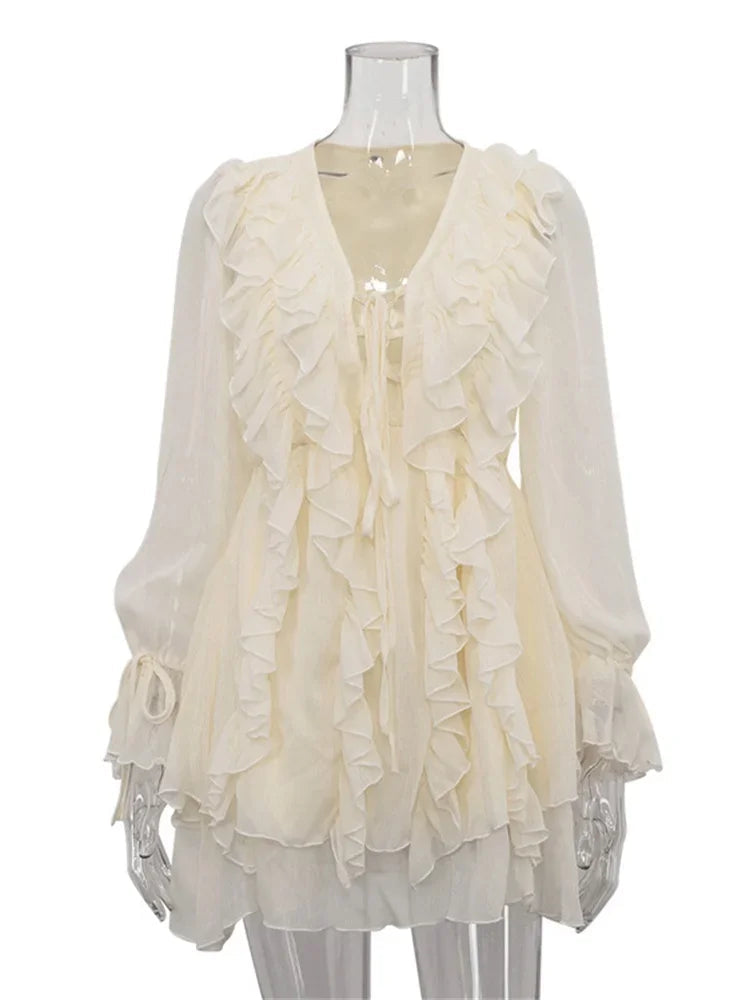 Autumn Ruffled Lace-Up Mini Dress Women's V-Neck Lace-Up Patchwork Fashion Slim Commute Clothes Female Bandage Party Dress