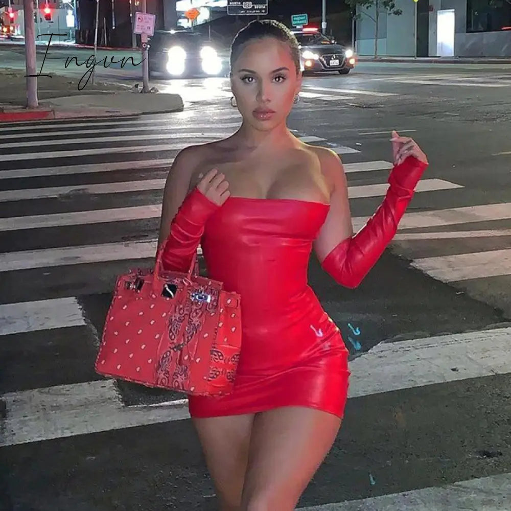 Ingvn - Faux PU Leather With Gloves Party Dress Women Backless Sexy Hot Clubwear Skinny Slim Solid Fashion Bodycon Mini Dresses