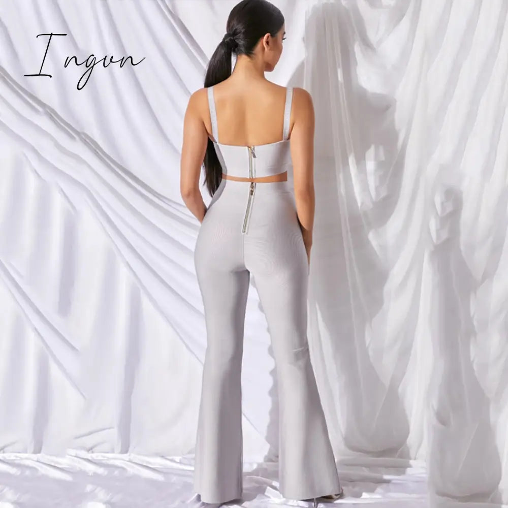 Ingvn - Set 2 Pieces Strap Sleeveless Bustiers And Long Bell-Bottoms Trousers Sexy Celebrity Party Sheath Vestidos  Dobanmbd