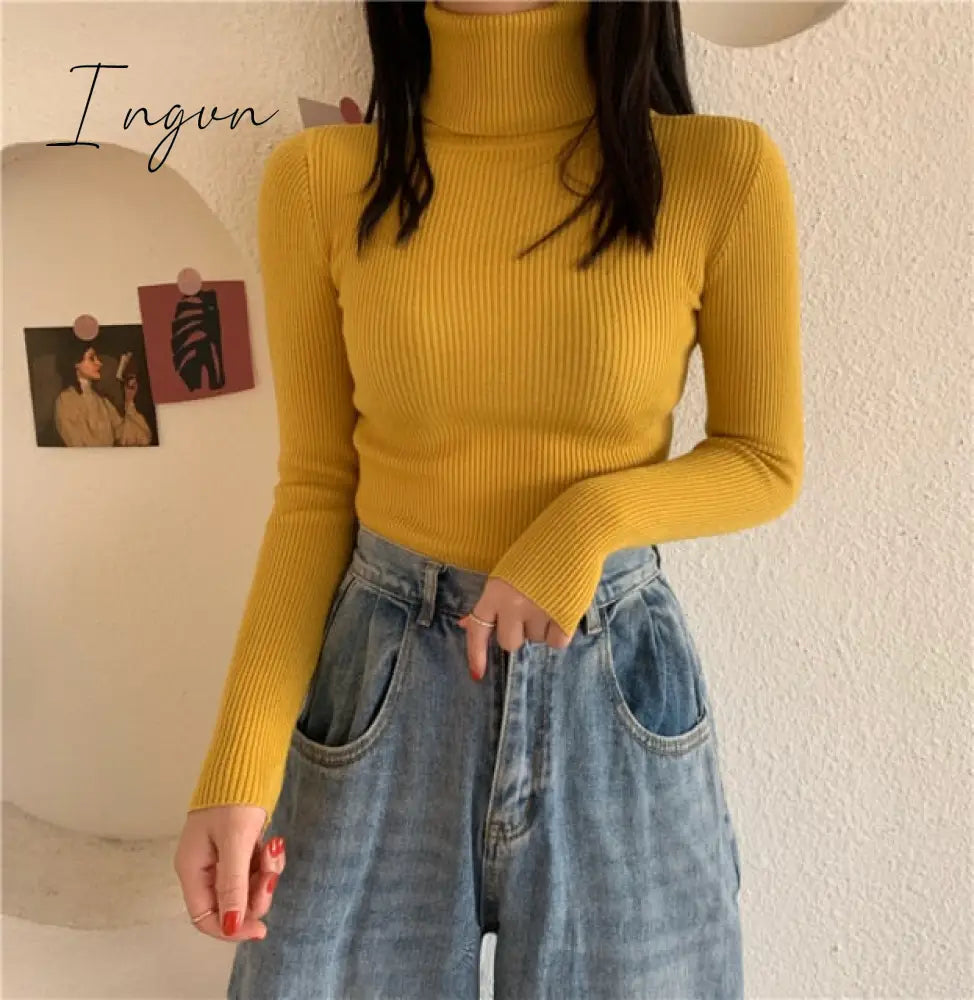 Ingvn - Autumn Winter Knitted Sweater Pullovers Turtleneck Sweater for Women Long Sleeve White Black Soft Female Jumper Clothing