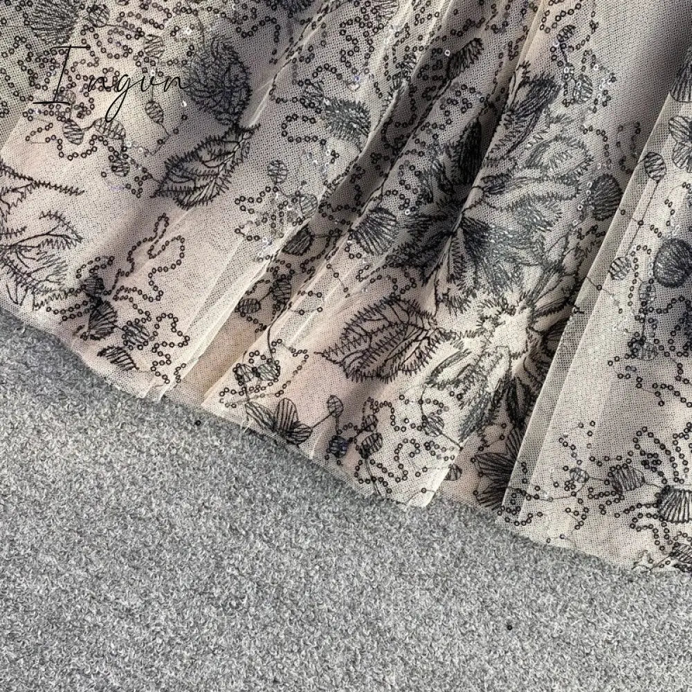 Ingvn - Elegant Mesh Knitted Stitching Dress Women Vintage Puff Sleeve Round Neck A Line Party Dresses Ladies Bandage Printing Dress