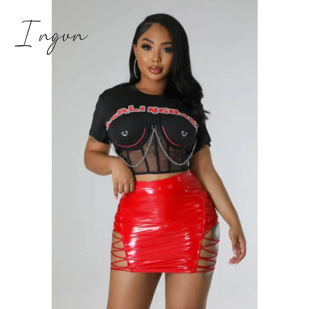 Ingvn - Letter Printed Women Crop Top Short Sleeve Hollow Out Chain Casul T Shirt 2023 Summer High Street Tops Sexy Night Club Party Tee