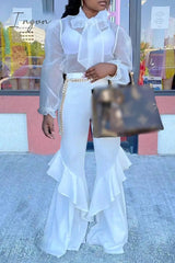 Ingvn - Casual Solid Frenulum See-through With Bow Long Sleeve Two Pieces