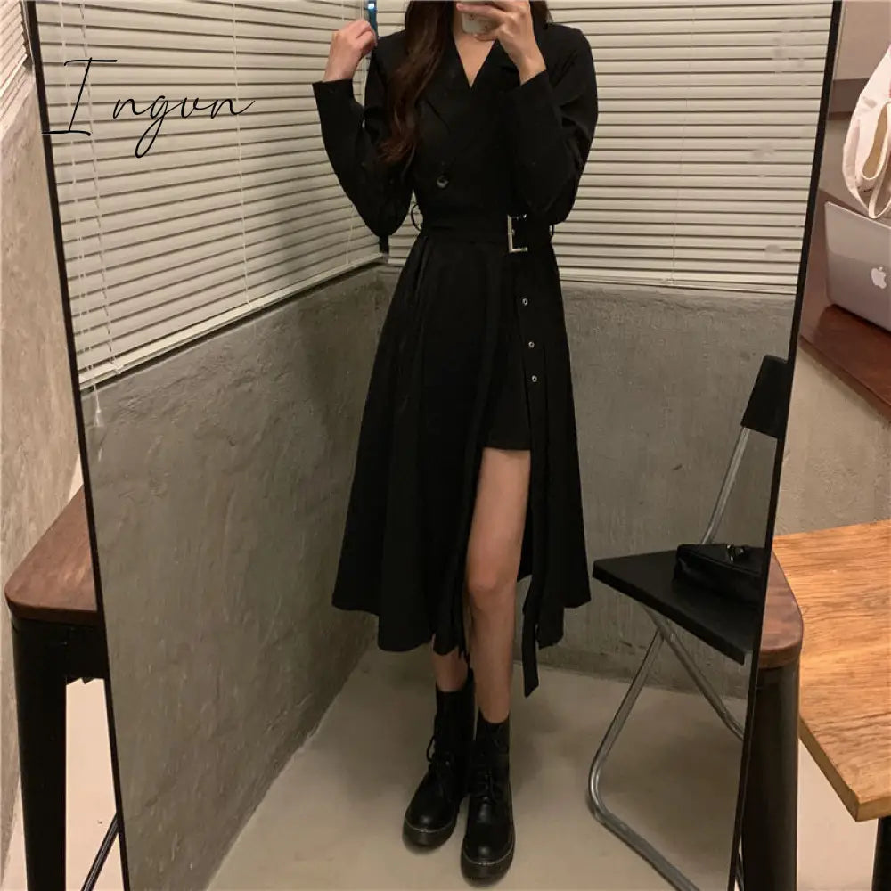 Ingvn - Long Sleeve Dresses Women Bandage Punk Streetwear Hipster Vestidos Mujer Elegant Popular Side Slit A-Line Charm Vintage Ulzzang