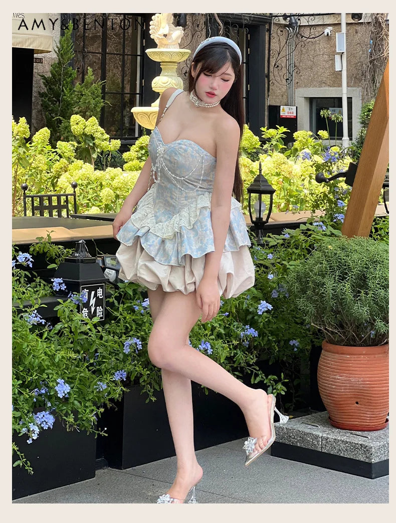 Sweet Elegance Retro Jacquard Strapless Dress for Women Lolita Dresses Cute Pearl Pendant Slim Fit Patchwork Sexy Mini Dress