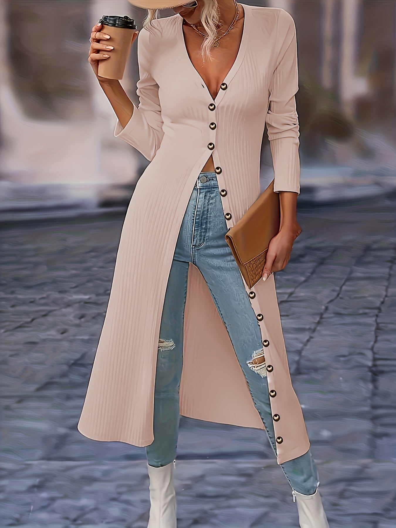Womens Chic Solid Knit Cardigan - Soft Button Down, Long Sleeve, Slim Fit, Long Length - Perfect for Layering, Elegant Casual Wear