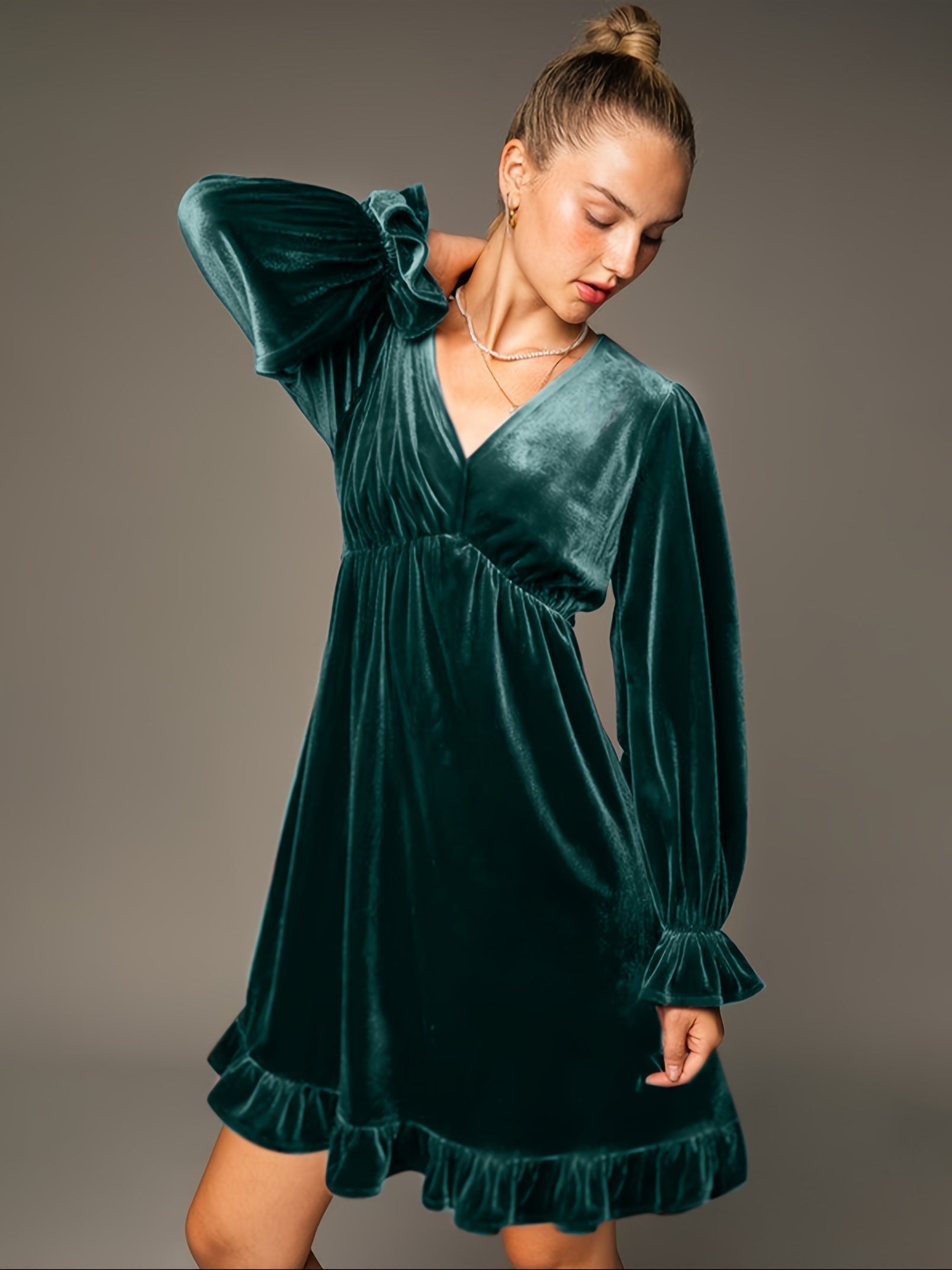 V Neck Velvet Dress For Women Long Sleeve Ruffle Midi Dress Wedding Party Dress With Pockets