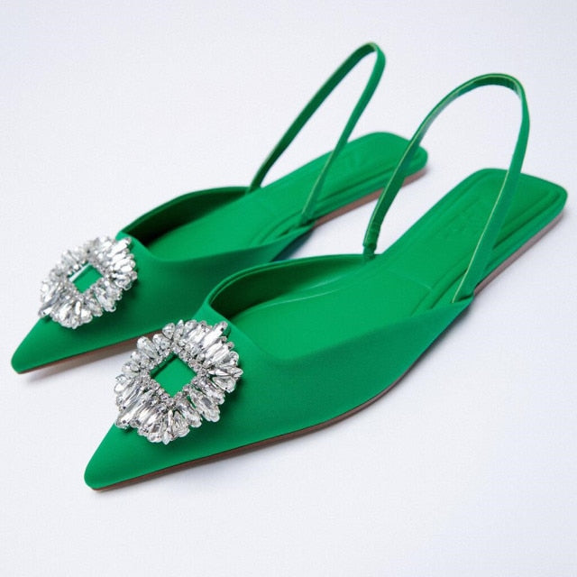 ZA Women's Shoes 2026 Summer New Yellow Rhinestone Buckle Slingbacks Shoes Pointed Toe Flat Elegant Wedding Shoes