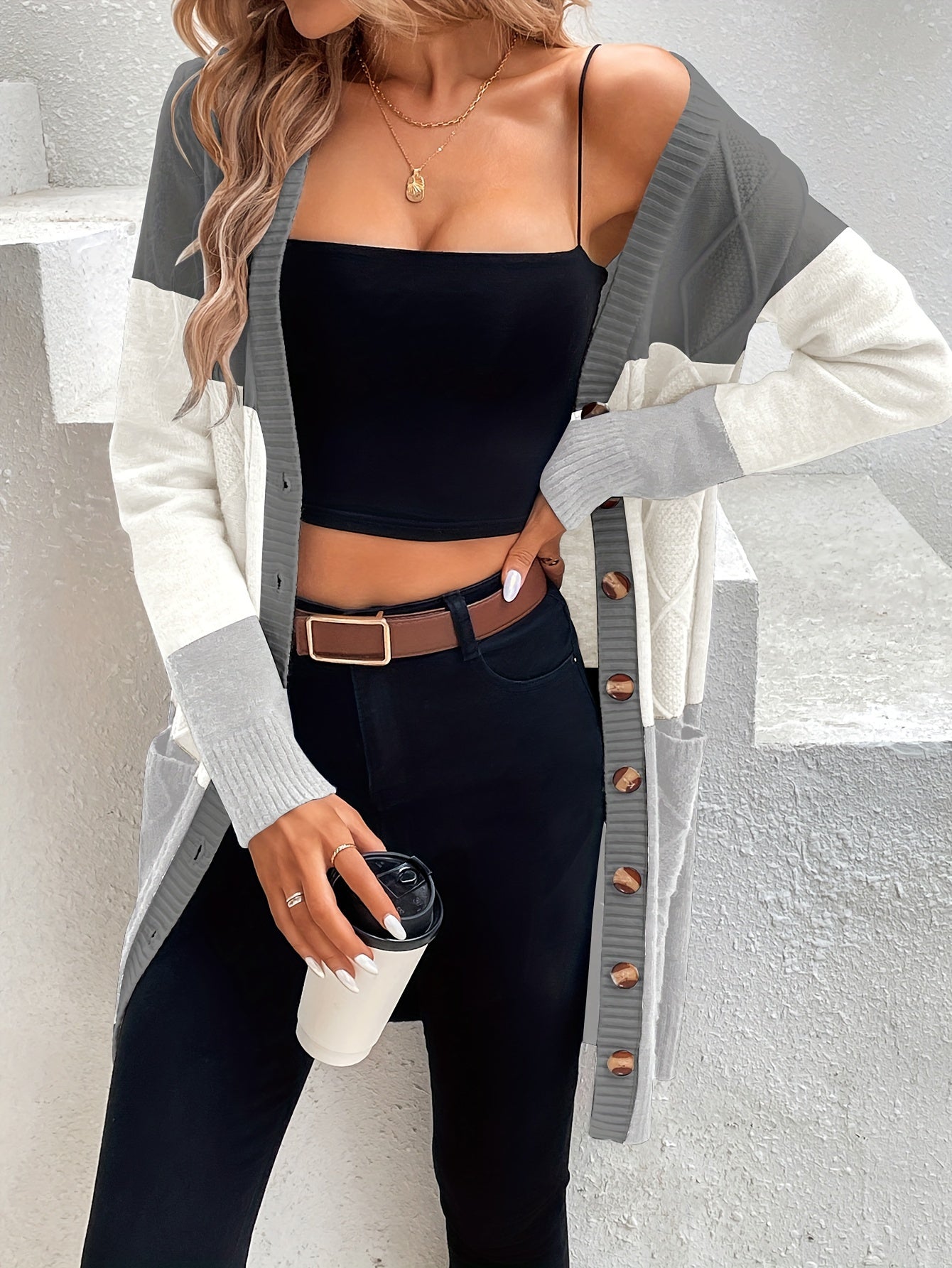 Versatile Long Sleeve Color Block Single Breasted Cardigan for Spring & Fall, Women's Clothing