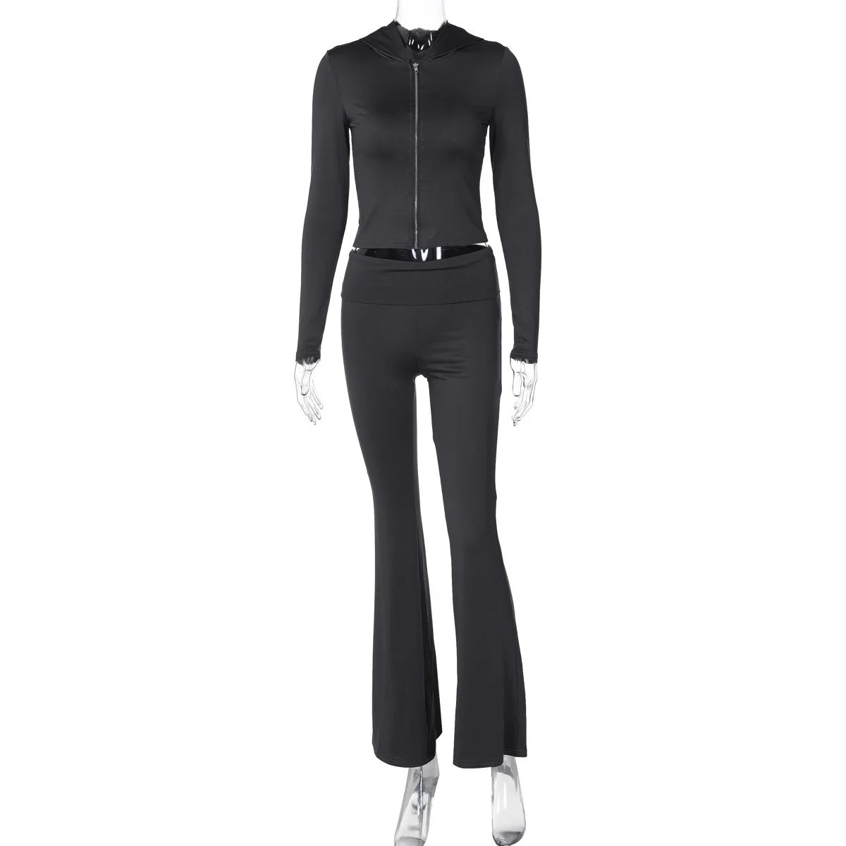 Hooded Top And Trousers Two Piece Sets Women Fashion Zipper Long Sleeve Tops And Flare Pant Female Casual Suit New