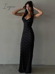 Ingvn - Sexy Lace Spaghetti Strap Maxi Dress Women Off-shoulder Sleeveless Gown Elegant Bodycon Party Long Dress Vestidos