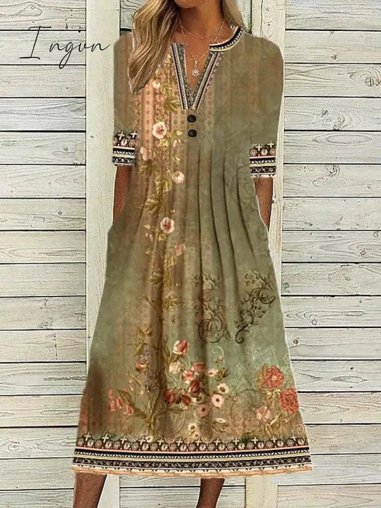 Ingvn - Women's Casual Dress Shift Dress Midi Dress Navy Blue Blue Orange Half Sleeve Floral Ruched Summer Spring V Neck Vintage Christmas Vacation 2023 S M L XL XXL 3XL