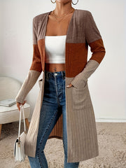 Elegant Women's Color Block Long Sleeve Jacket - Casual Chic, Open Collar with Pockets, Machine Washable - Perfect for Fall