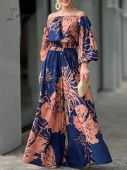 Ingvn - Women's Shirt Pants Sets Blue Floral Print Long Sleeve Casual Daily Fashion Off Shoulder Regular Fit Spring &  Fall