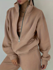 Casual Matching Two-piece Set, Zip Up Sweatshirt & Solid Sweatpants Outfits, Women's Clothing