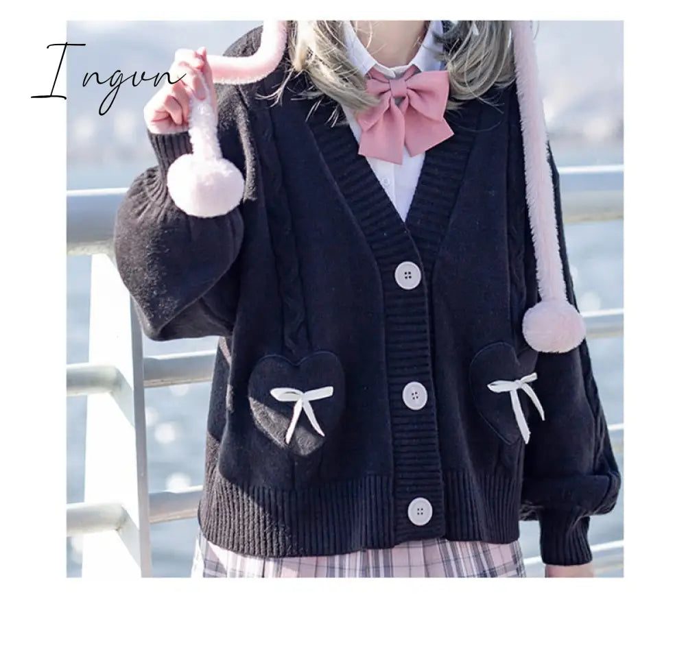 Ingvn - Spring Japan Kawaii Fashion Pink Cardigan Women Vintage Crop Knitted Sweater Cute Bow Heart Korean JK School Coat