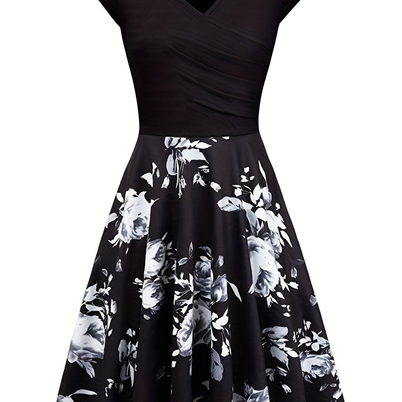 Charming Floral Print V-Neck Dress - Stylish & Flowy Short Sleeve Style - Perfect for Spring & Summer - Womens Casual to Formal Wear