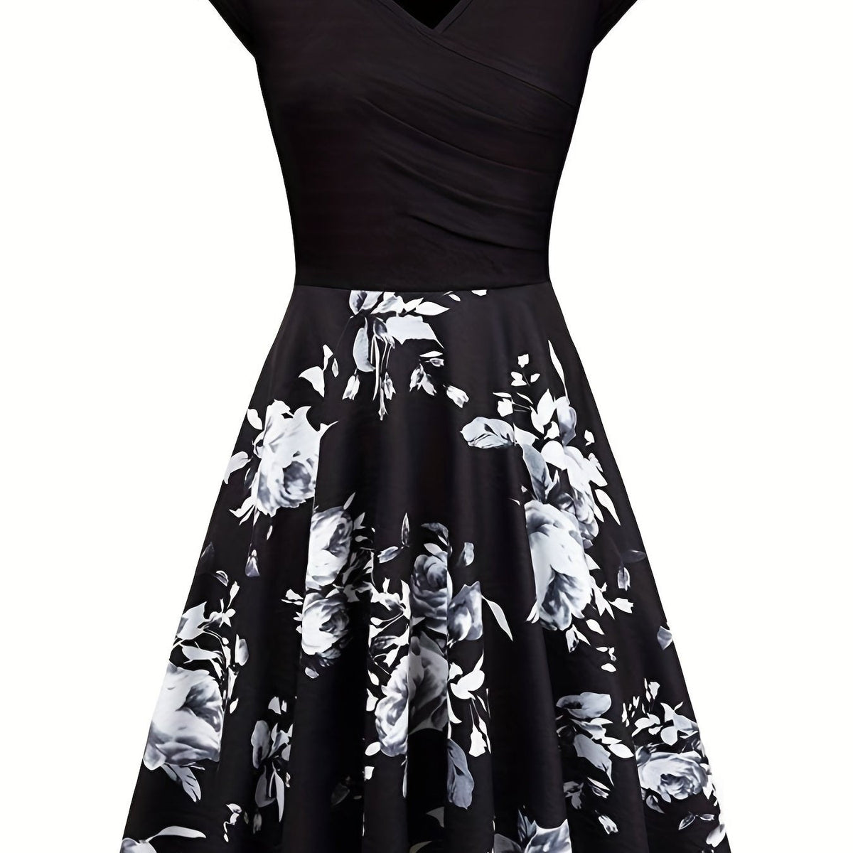 Charming Floral Print V-Neck Dress - Stylish & Flowy Short Sleeve Style - Perfect for Spring & Summer - Womens Casual to Formal Wear