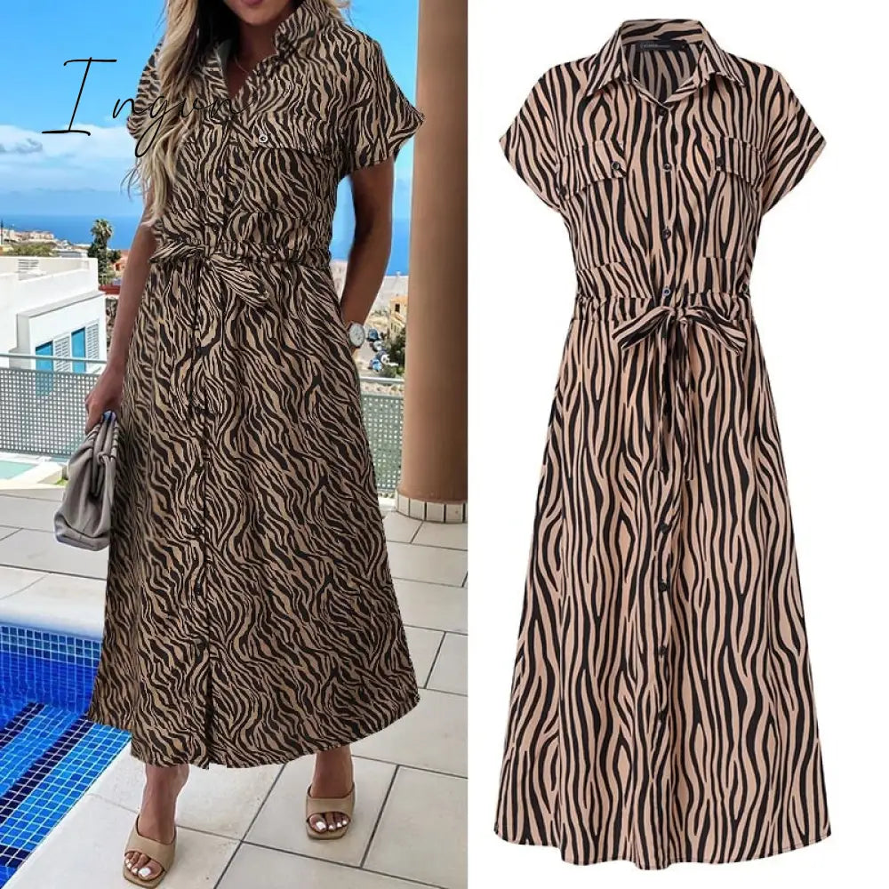 Ingvn - Summer Sundress Women Elegant Dress Plus Size Short Sleeve Casual Loose Buttons High Waist Work Midi Vestidos Robe