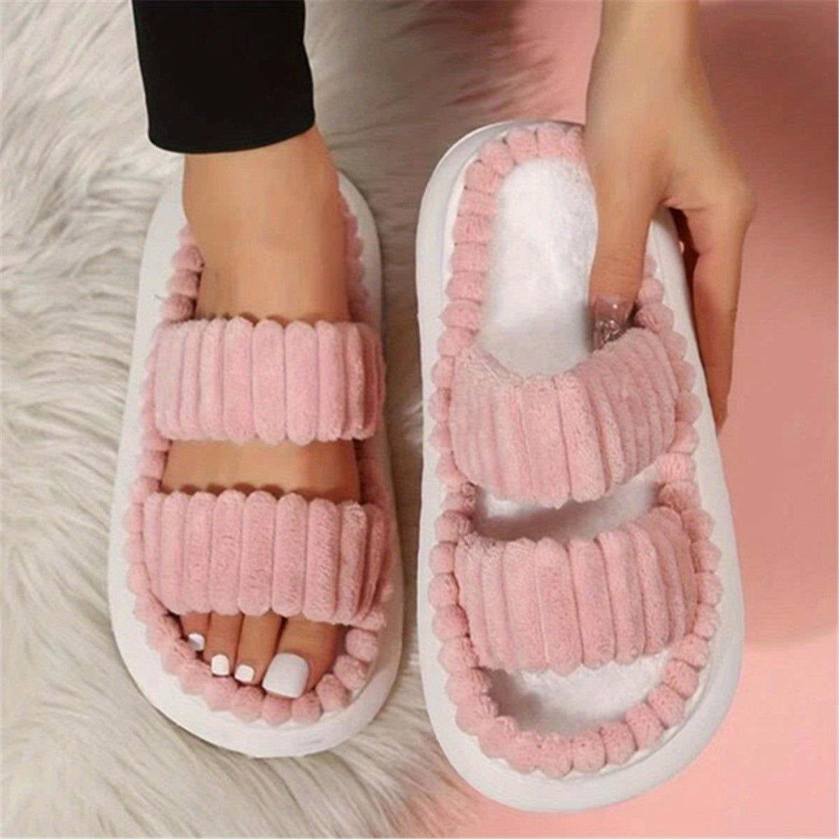 Chic Plush Double-Strap Slippers - Comfy Non-Slip Sole, Open-Toe Design - Stylish Indoor Footwear