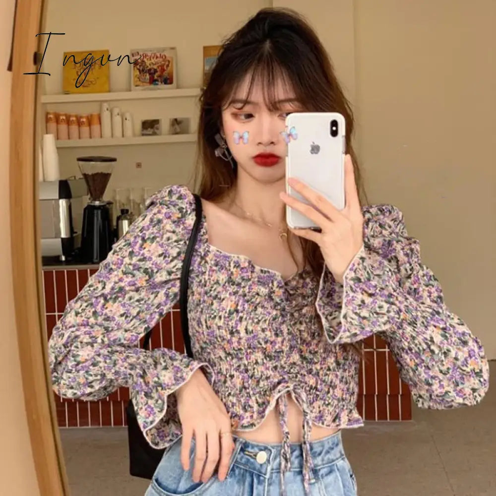 Ingvn - Floral Youth Elegant Blouse Women Crop Top Pretty Blouses Chic Fashion Blouse Shirt For Party Puff sleeve