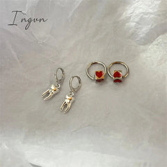 Fashion Vintage Red Heart Hoop Earrings Y2K Gothic Ear Buckle Detachable Pendant for Egirls Women Stud Aesthetic Jewelry