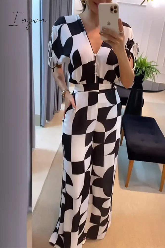 Ingvn - Casual Plaid Pocket Contrast V Neck Jumpsuits