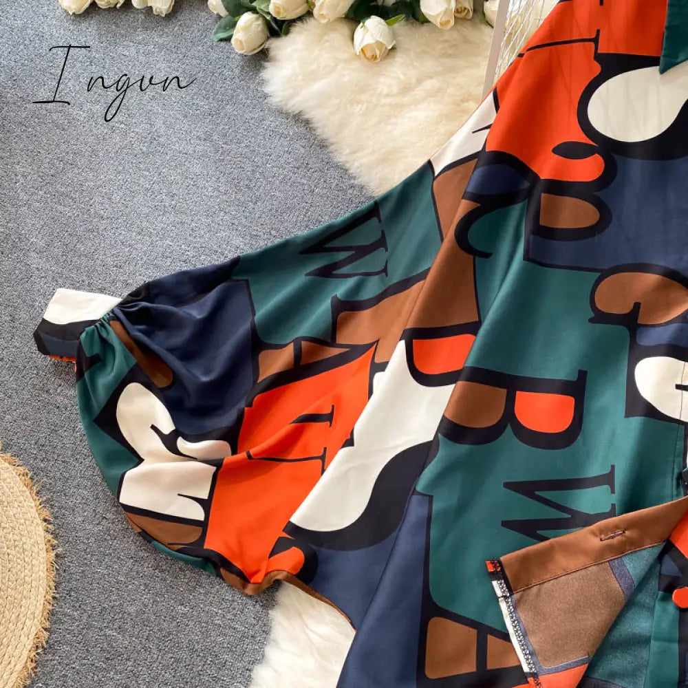 Ingvn - Women's Dress Spring Retro Print Casual Set Design Batwing Sleeve Single Breasted Blouse+High Waist Long Pants Two Piece Suits