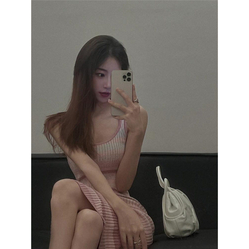 Hip Striped Knitted Camisole Dress Summer Women's New Mid-length Dress French Style