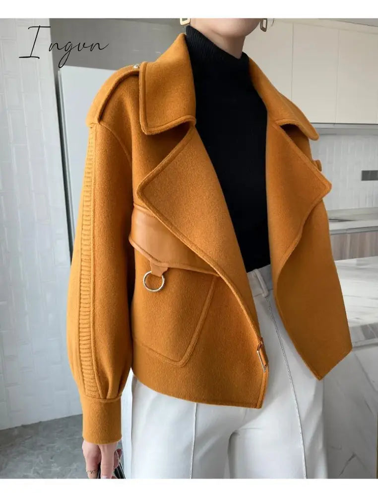Ingvn - Women's Autumn Coat Pockets Solid Loose Short Jackets Ladies Wool &amp; Blends High Street Spring Woolen Coats for Women
