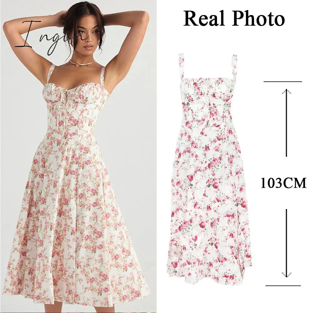 Ingvn - suninheart Elegant  A Line Midi Dress Sexy Spaghetti Strap Lace Up Red Holiday Party Dresses Split Summer Dresses Women 2023