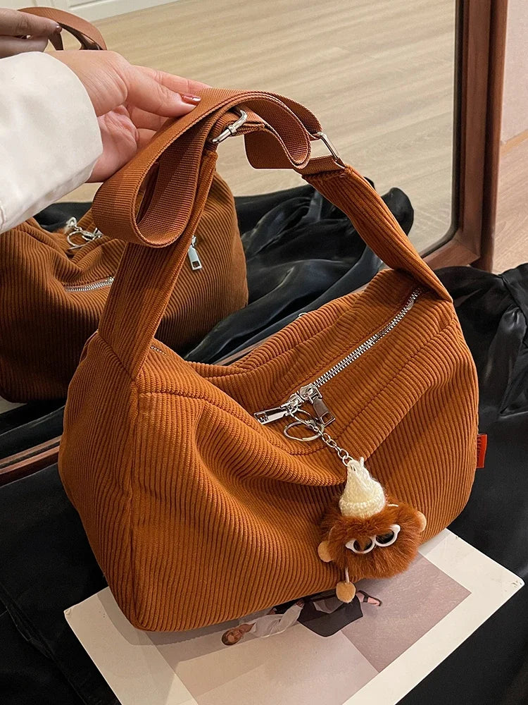 Ingvn  Large Capacity Corduroy Women's Shoulder Bag Solid Color Casual Travel Female Messenger Bags Simple Retro Ladies Handbags