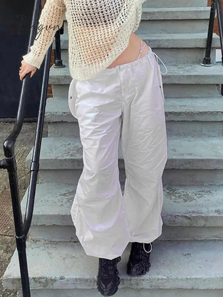 Ingvn - Casual Baggy Wide Leg Sweatpants White Loose Drawstring Low Waist Streetwear Cargo Pants Womens Hippie Joggers Trousers